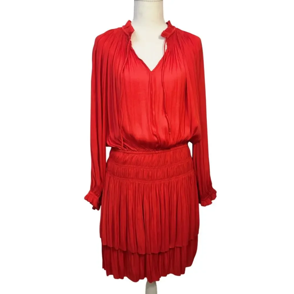 Anthropologie Poppy Mini Dress Red Smocked Medium Cottagecore Coquette Festival - Picture 2 of 16